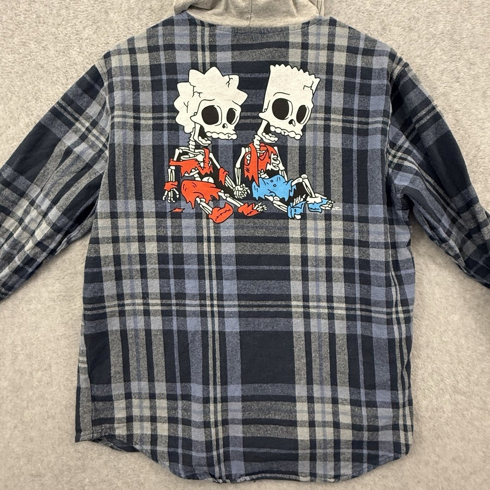The‎ Simpsons Shirt Adult Medium Blue Plaid Flannel Hoodie Button Up Bart Lisa